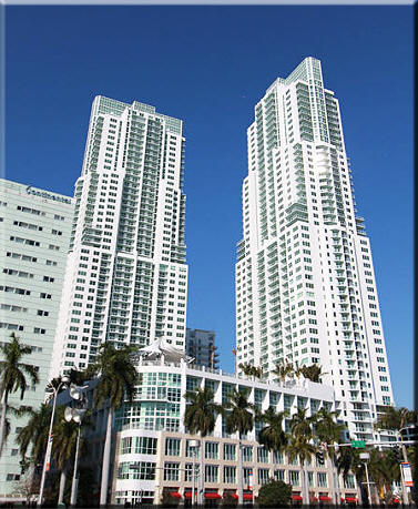 Exterior view of Vizcayne twin condominium towers in Downtown Miami