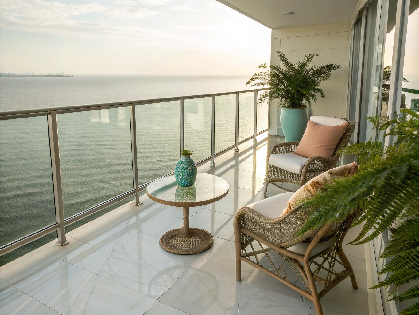 Teak patio furniture arranged on a modern high-rise balcony