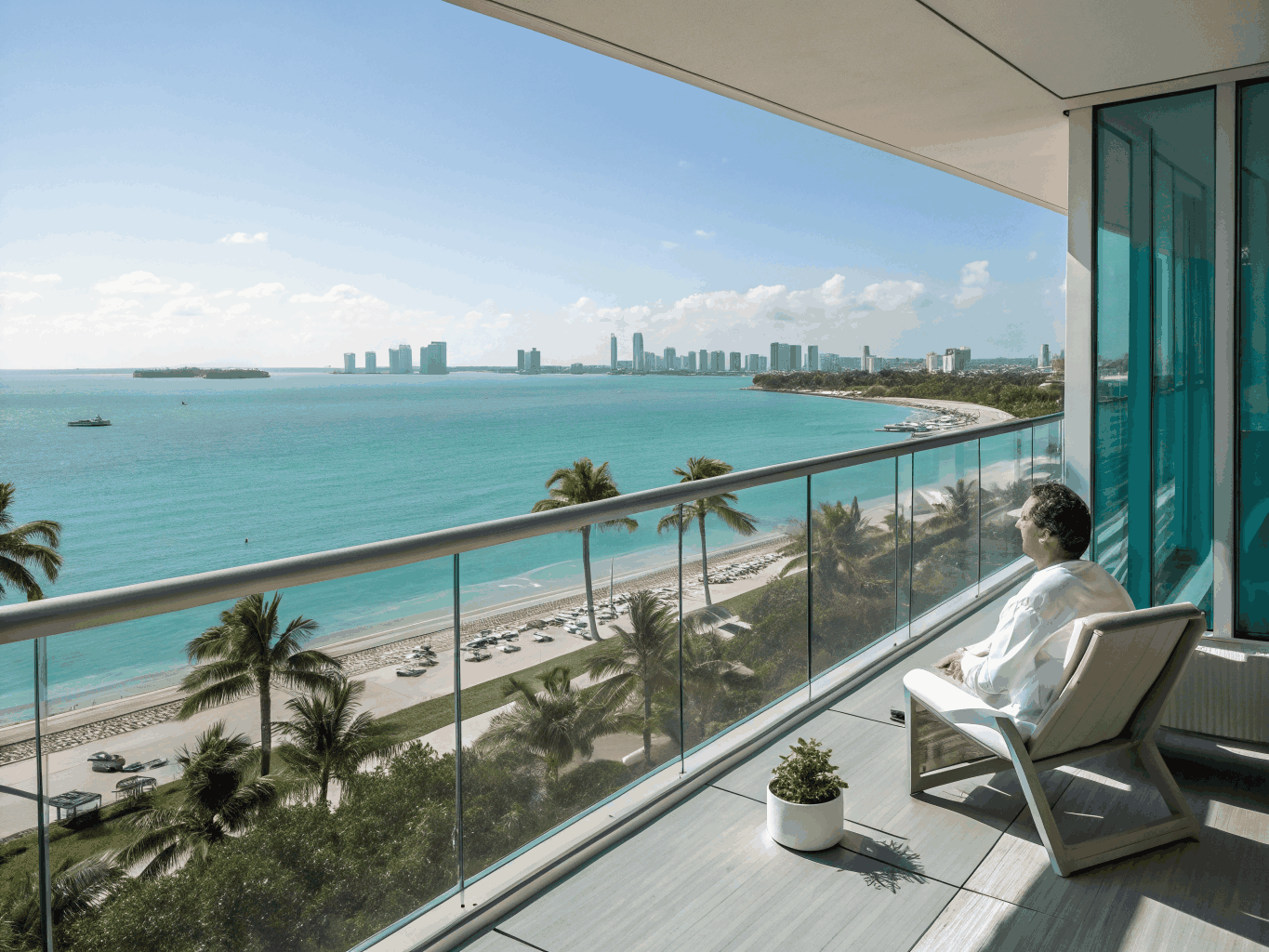 Spacious private glass balcony overlooking Downtown Miami skyline