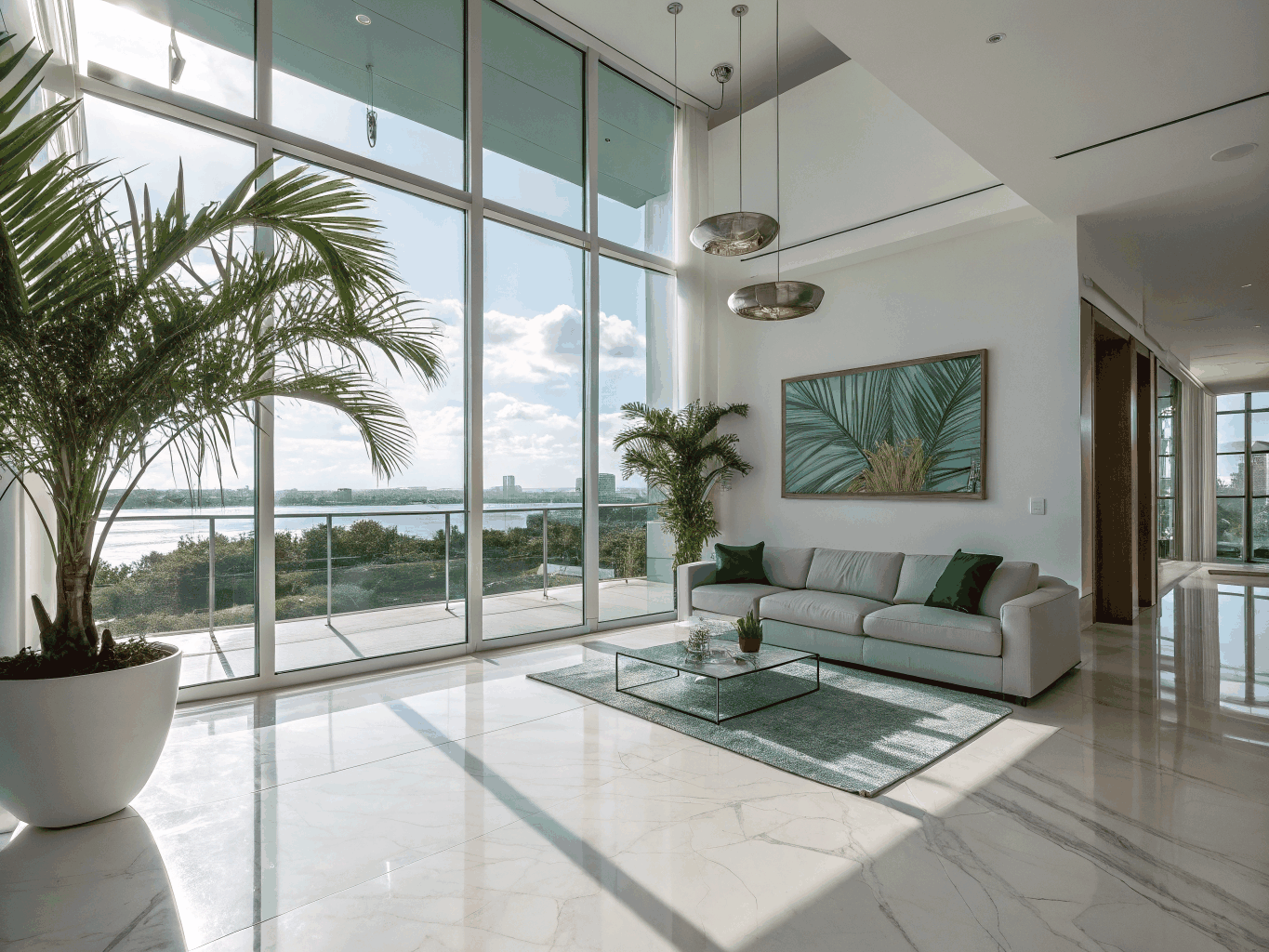 Modern high-floor condo living room with panoramic Biscayne Bay views