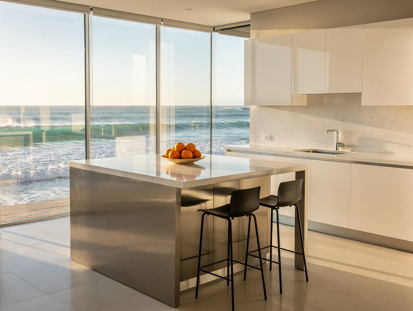 Contemporary open kitchen with quartz countertops and stainless steel appliances