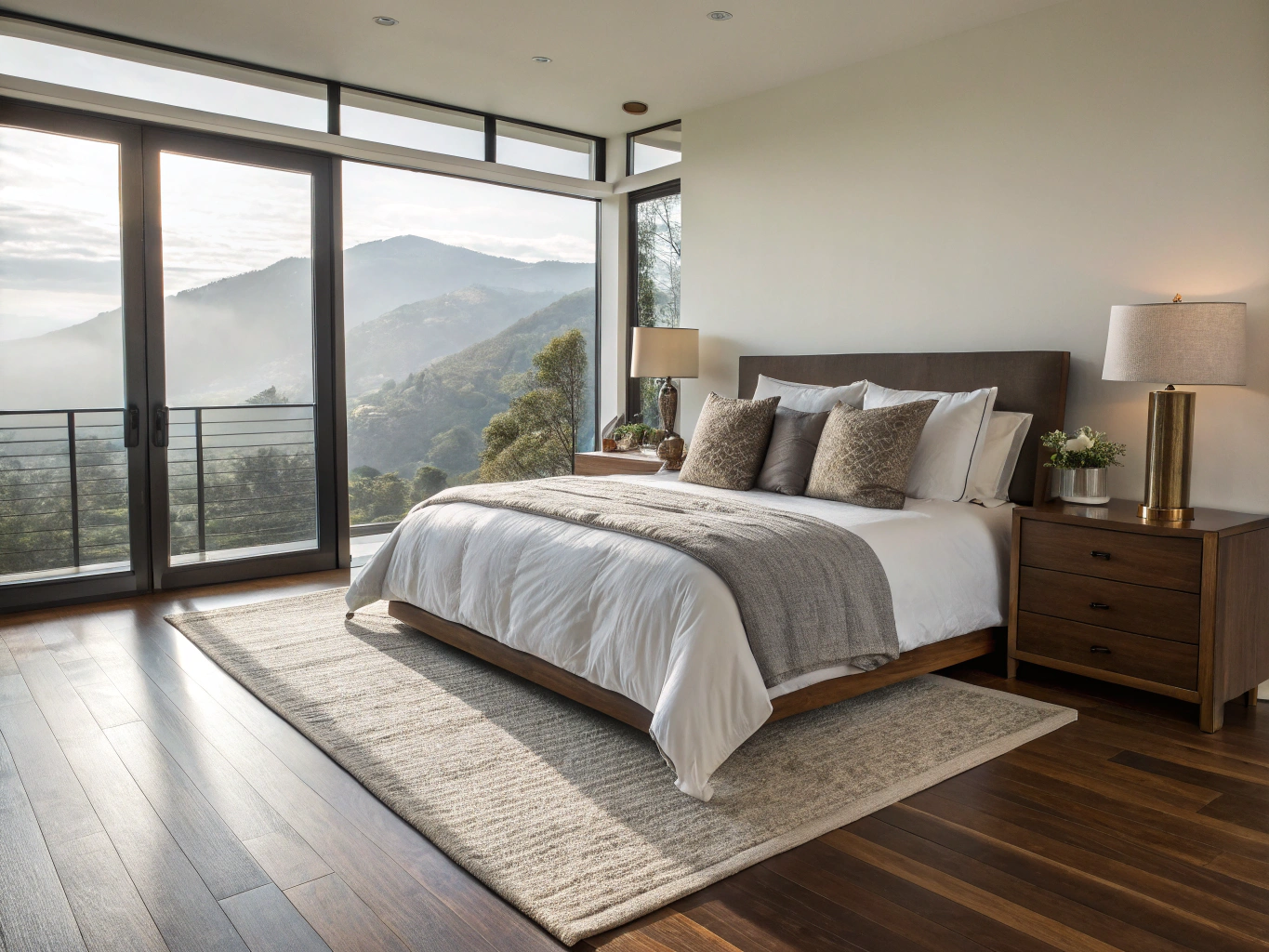 Sunlit primary bedroom suite with floor-to-ceiling glass in Vizcayne North