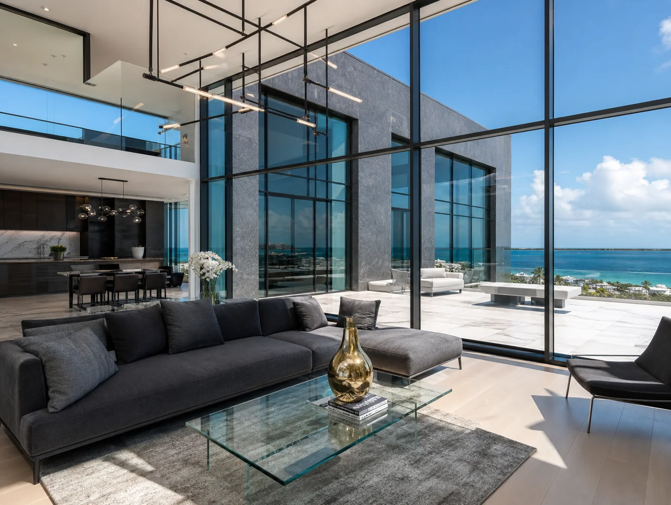 Luxurious penthouse interior with double-height glass windows and open water view