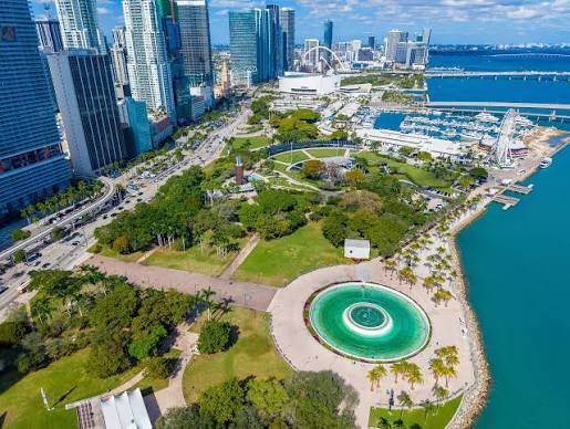 Bayfront Park lawn and palm trees along Biscayne Bay in Downtown Miami